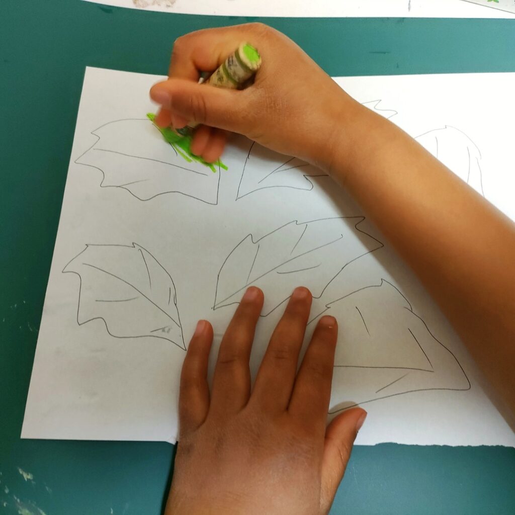 イチゴの葉っぱの絵に塗り絵をしてる